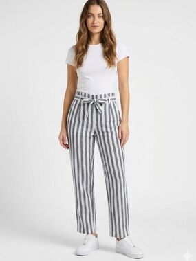 My Style Striped Linen Wide-Leg Pants | Size S Coastal Chic High-Waist Tie Belt